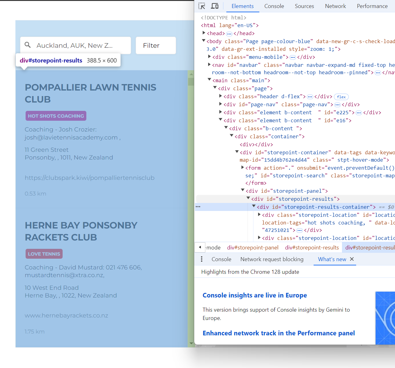 Map of Tennis Clubs in Auckland